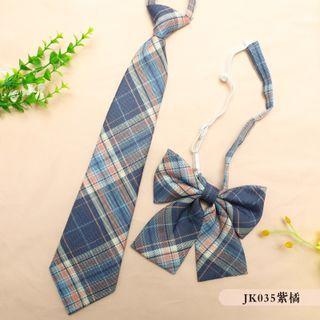 Set: Plaid Neck Tie + Bow Tie Jk035 - Set Of 2 - Neck Tie & Bow Tie - Blue - One Size