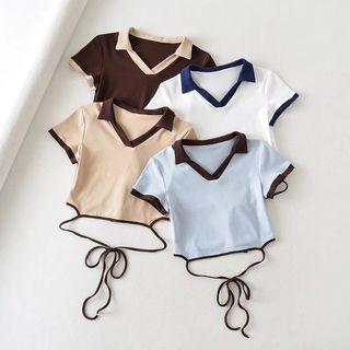 Short-sleeve Contrast Trim Collar Crop Top