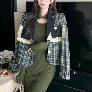 Ruffle Trim Panel Plaid Blazer / Plain Cutout Midi Bodycon Dress