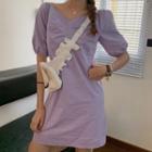 Short-sleeve A-line Dress Purple - One Size