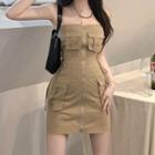 Strapless Zip-up Mini Sheath Cargo Dress