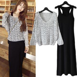 Set: U-neck Sleeveless Midi Dress + V-neck Long-sleeve Knit Top