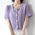 Square-neck Short-sleeve Buttoned Top Purple - M