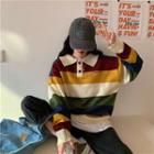 Colorblock Loose-fit Polo Sweater As Shown In Figure - One Size