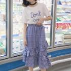 Lettering Short-sleeve T-shirt / Ruffled Gingham Midi Skirt
