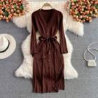 Long Sleeve Single Breasted Knit Dress With Sash