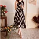 Sleeveless Pattern Linen Blend Dress With Sash Black - One Size