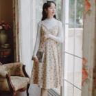 Set: Long-sleeve Knit Top + Spaghetti Strap Floral Print Midi A-line Dress