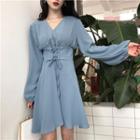Long-sleeve Lace-up Waist A-line Dress