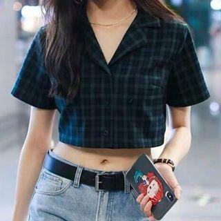 V-neck Gingham Cropped Shirt