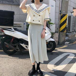 Short-sleeve Double Breasted Shirt / Midi Skirt