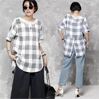 Slit-back Checked Linen T-shirt