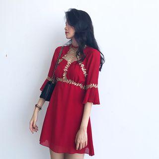 Elbow-sleeve Tie-waist Cutout Panel Slim Lace Sheath Dress