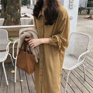 Dotted Chiffon Long-sleeve Midi Shirt Dress As Shown In Figure - One Size