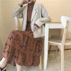 Stand-collar Floral Print Long-sleeve Blouse / Midi Skirt