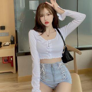 Long-sleeve Cropped Knit Top White - One Size