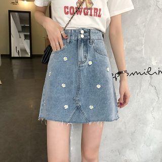Daisy Embroidered Slim-fit Denim Skirt