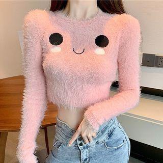Smiley Face Embroidered Knit Crop Top