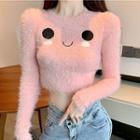 Smiley Face Embroidered Knit Crop Top