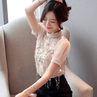 Sequined Short-sleeve Chiffon Top