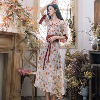 Set: Floral Tie-waist Midi A-line Dress + Slipdress