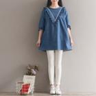 Embroidered Frill Trim 3/4 Sleeve Denim Dress