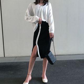 Plain Knit Cardigan / High-waist Skirt