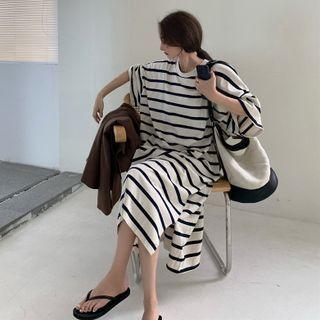 Striped Midi T-shirt Dress Almond - One Size