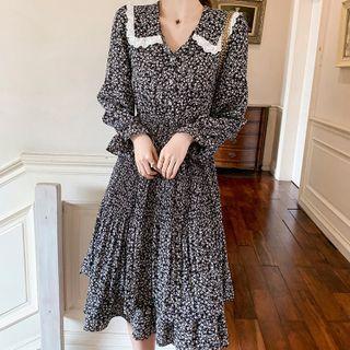 Long-sleeve Lapel Lace Trim Floral Chiffon Layered Pleated Dress