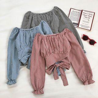 Color-block Plaid Square-neck Long-sleeve Lace-up Blouse