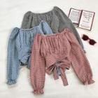 Color-block Plaid Square-neck Long-sleeve Lace-up Blouse