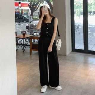 Set: Buttoned Tank Top + Wide-leg Pants Black - One Size