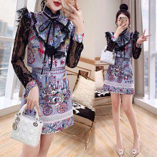 Set: Lace-sleeve Floral Print Blouse + A-line Skirt