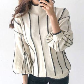 Contrast Trim Mock-neck Knit Top White & Gray - One Size
