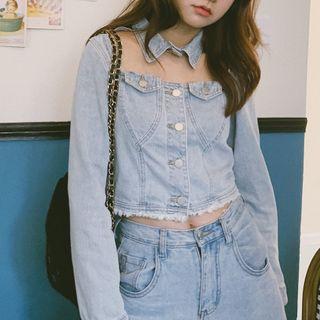 Long-sleeve Cutout Shirt Choker Denim Jacket
