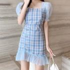 Balloon-sleeve Plaid Panel A-line Dress