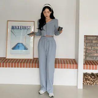 Set: Lettuce-edge Cardigan + Drawcord Knit Pants