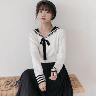 Long-sleeve Sailor Collar Tie Neck Knit Top