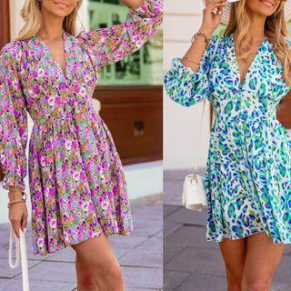 Puff Sleeve Floral Print V-neck Dress