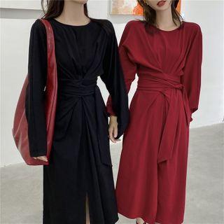 Plain Tie-waist Slit Midi A-line Dress