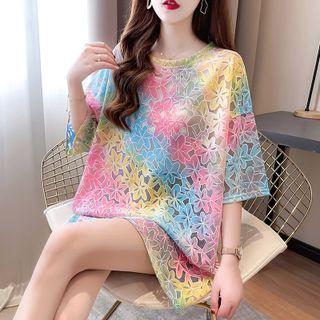Short-sleeve Round Neck Flower Tie-dyed Top
