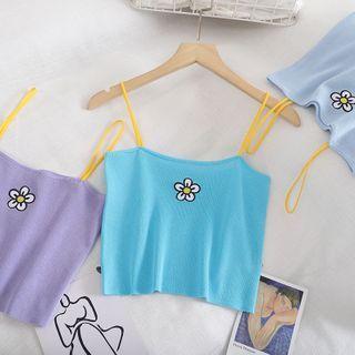 Spaghetti Strap Flower Embroidered Knit Top