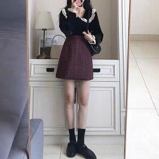 Frill Trim Blouse / Plaid Skirt / Set