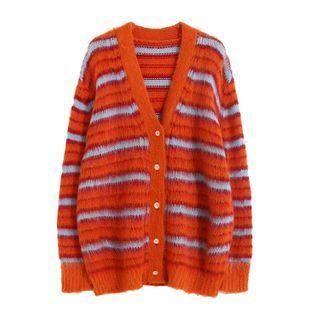 Striped V-neck Cardigan Tangerine - One Size