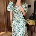 Floral Print Puff-sleeve A-line Midi Dress Green - One Size