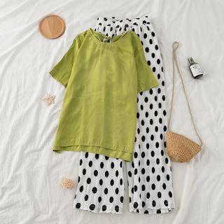 Short Sleeve Plain Top / Dot Print Wide-leg Pants