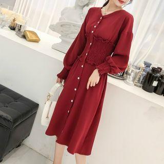 Long-sleeve Smocked Midi A-line Dress