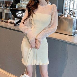 Long-sleeve Lace-panel Ruffled Dress Almond - One Size