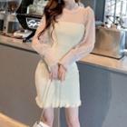 Long-sleeve Lace-panel Ruffled Dress Almond - One Size