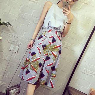 Set: Sleeveless Top + Print High Waist A-line Skirt